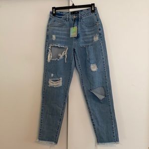 Riot High Rise mom jeans distressed “blue wash”